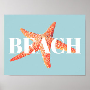 Poster Beach Orange Starfish & Cyan Blue