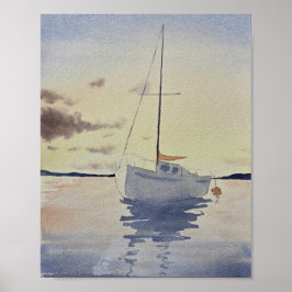 Poster Beach painting with a boat Watercolor 