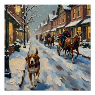 Pôster Beagle Antigo em Rua Victoriana Nevada no Natal