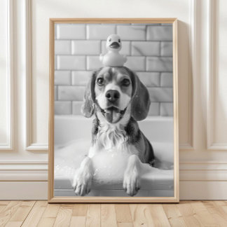 Poster Beagle Bath Wall Art, Dog and Rubber Duck, Beagle 