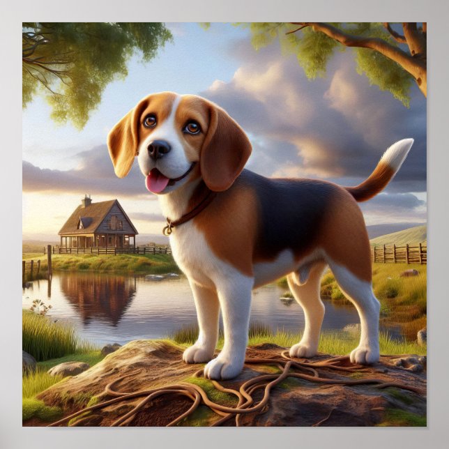 Poster Beagle charmoso em uma cena russa do campo (Frente)