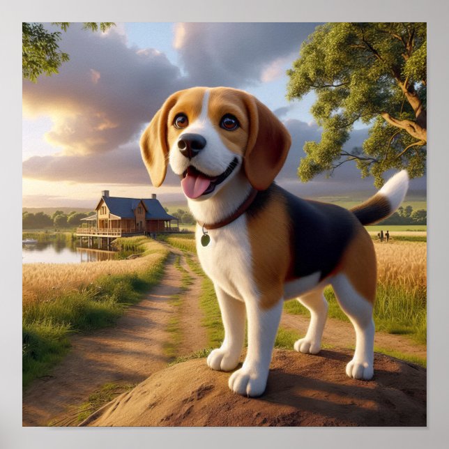 Poster Beagle charmoso em uma cena russa do campo (Frente)