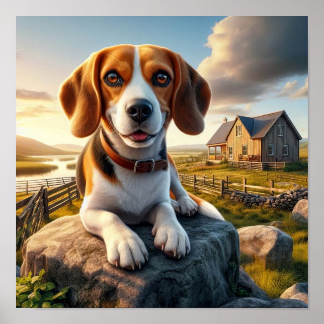 Poster Beagle charmoso em uma cena russa do campo (Frente)