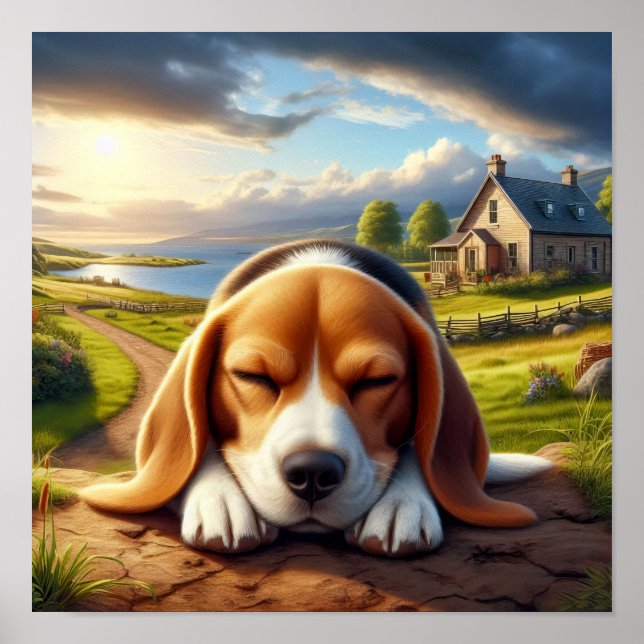 Poster Beagle charmoso em uma cena russa do campo (Frente)