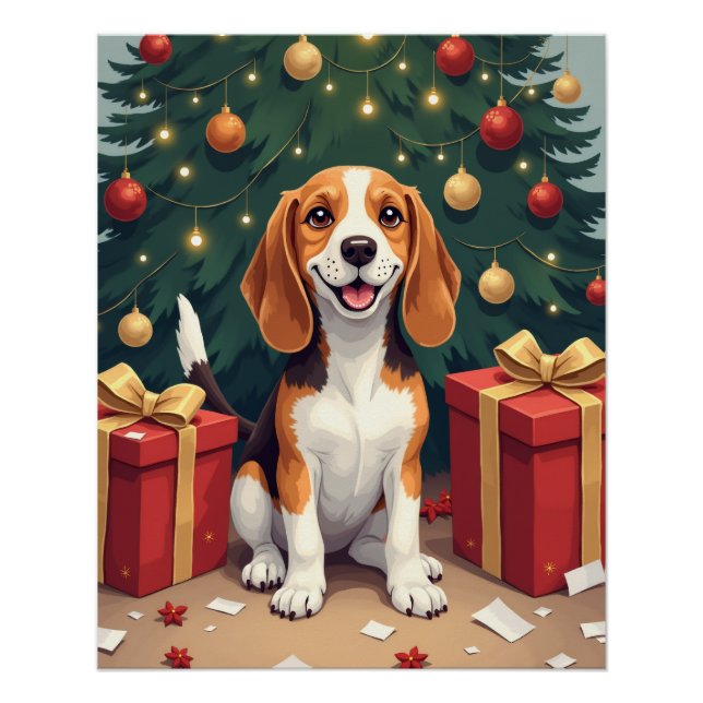 Pôster Beagle Christmas Morning Gift-Unboxing Painting (Frente)
