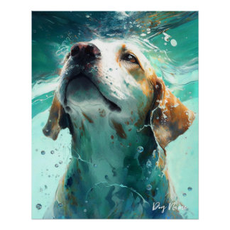 Pôster Beagle dog swimming in water 002