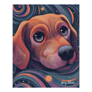 Pôster Beagle dog with starry sky and water 001