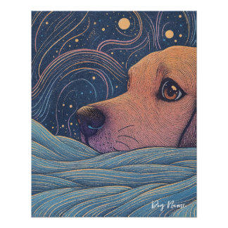 Pôster Beagle dog with starry sky and water 002