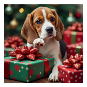 Pôster Beagle Enrolando Presentes Pintura de Natal