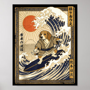 Poster Beagle japonês surfando kanagawa onda engraçado sa