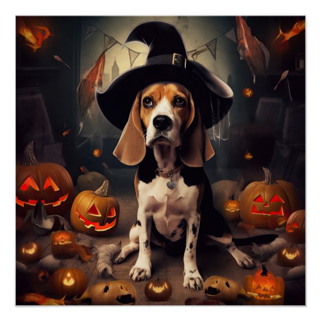 Pôster Beagle Pumpkins Halloween Assustado (Frente)