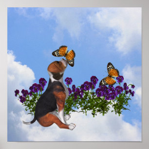 Poster Beagle Puppy Com Borboletas E Flores