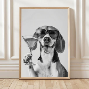 Poster Beagle Segurando Arte de Parede de Coquetel, Preto