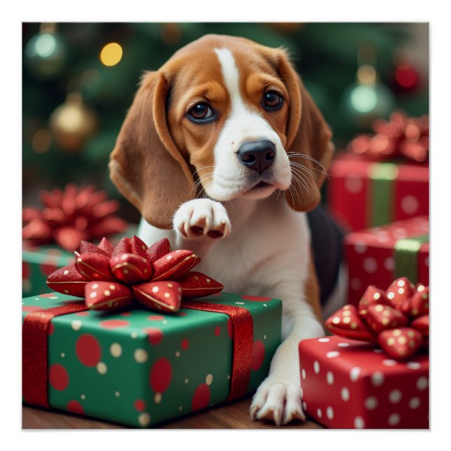 Pôster Beagle Wrapping Gifts Christmas Painting (Frente)