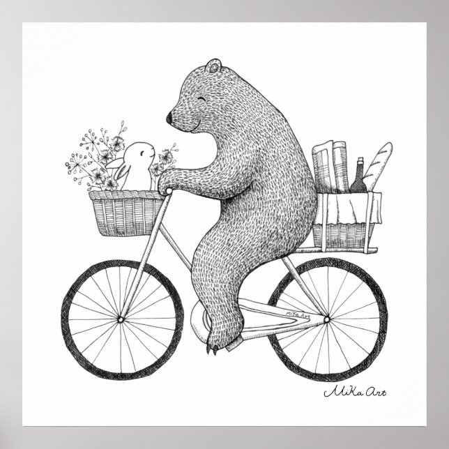 Poster Bear and Bunny on the way to a picnic monochrome  (Frente)