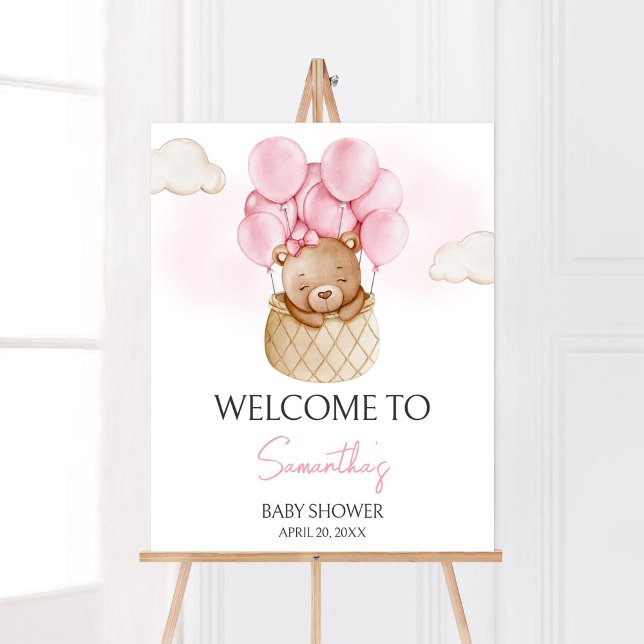 Poster Bear Bear Bear Quente Air Balloon Chá de fraldas B (Baby Bear Pink Baby Shower Welcome Sign)
