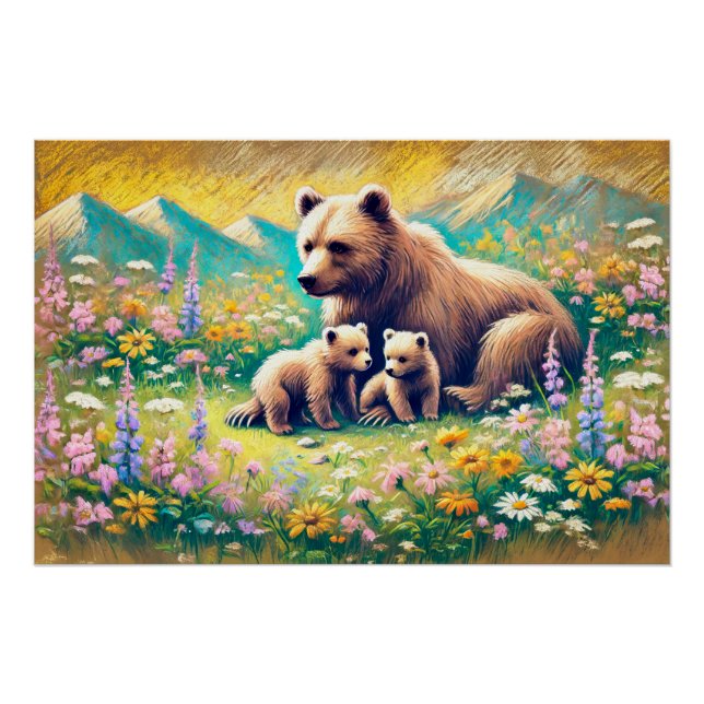 Pôster Bear Family em Mountain Meadow Pastel Chalk Drawin (Frente)