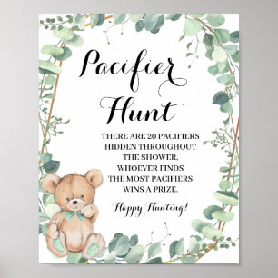 Poster Bear Greenery Pacifier hunt Baby Shower Game Sign