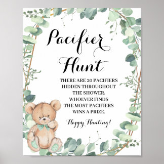 Poster Bear Greenery Pacifier hunt Baby Shower Game Sign