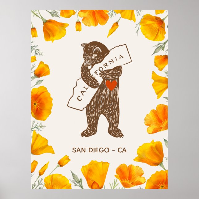Poster Bear Hugging California Map Poppies Custom (Frente)