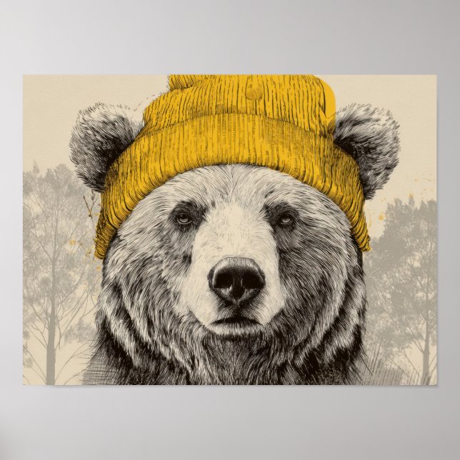 Poster Bear in Yellow Beanie Rustic Woodland Animal  (Frente)
