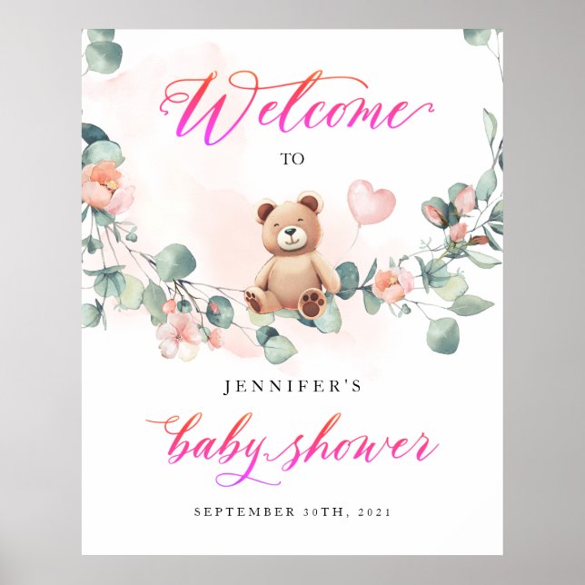 Poster Bear Pink Girl Baby Shower Welcome Sign (Frente)