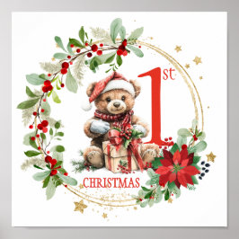Poster Bear Poinsettia Foliage Bebê Primeiro Natal
