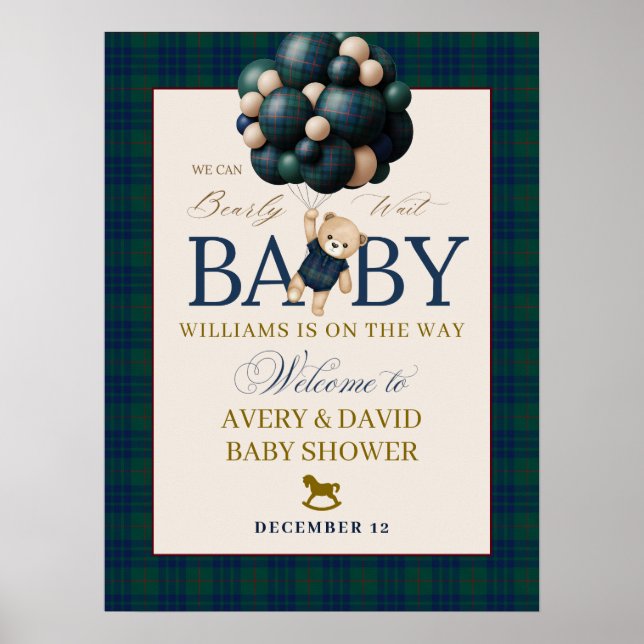 Poster Bearly Wait Preppy Teddy Balloon Baby Shower (Frente)