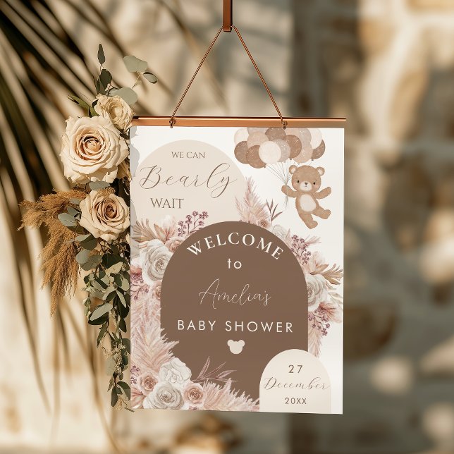Poster Bearly Wait Teddy Bear Neutral Boho Shower Welcome (Criador carregado)