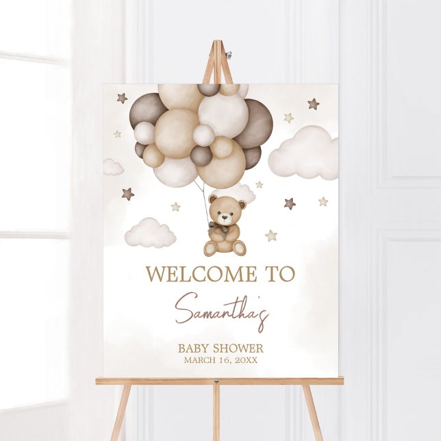 Poster Bearwait Brown Balloon Welcome (Boho Brown Bear Baby Shower Welcome Sign)