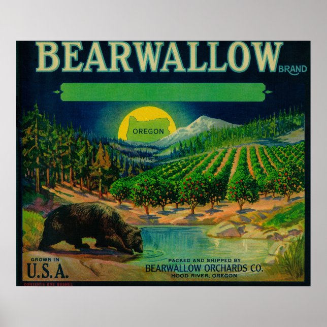 Pôster Bearwallow Apple Crate LabelHood River (Frente)