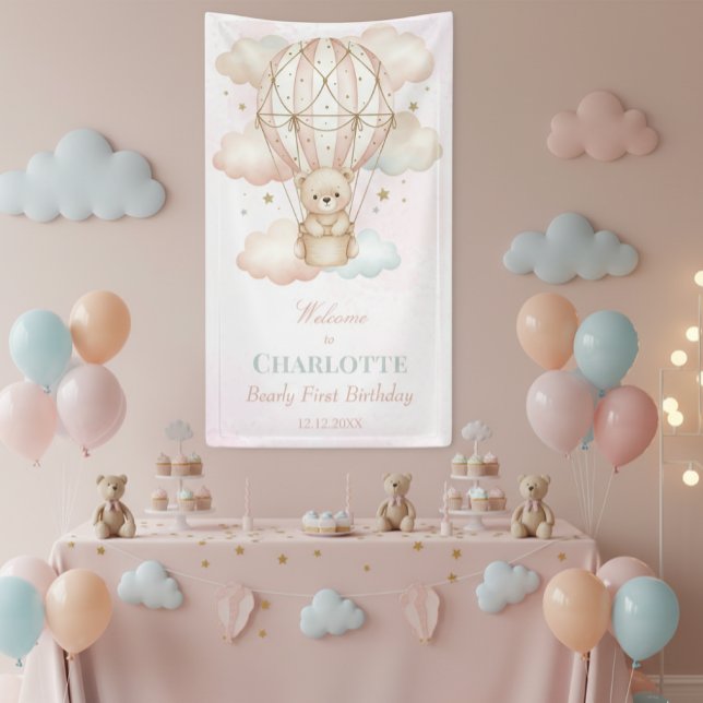 Poster Beary  Hot Air Balloon 1st Birthday Welcome (Criador carregado)