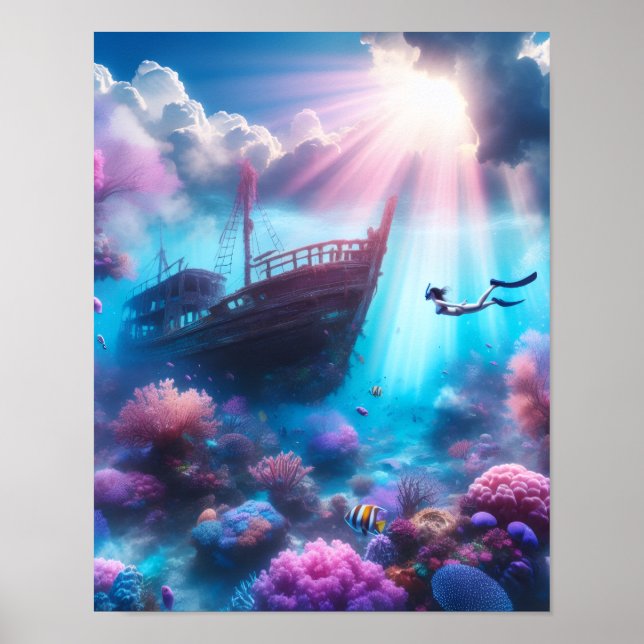 Poster Beautiful diver and a shipwreck (Frente)
