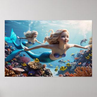 Poster Beautiful Mermaid Twins - Underwater Adventure 