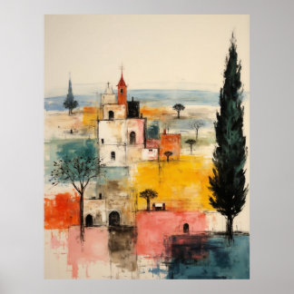 Poster Beautiful Ochre Red old small town painting