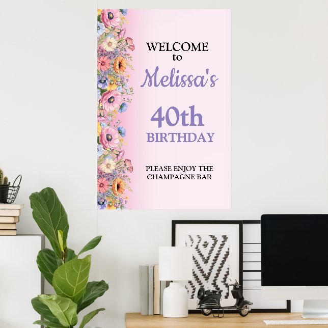 Poster Beautiful Pastel Flowers Birthday Party (Escritório em casa)