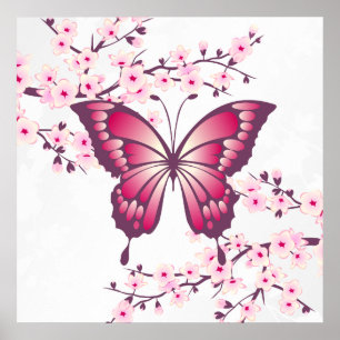 Poster Beautiful Pink Butterfly And Cherry Blossoms