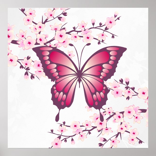 Poster Beautiful Pink Butterfly And Cherry Blossoms (Frente)