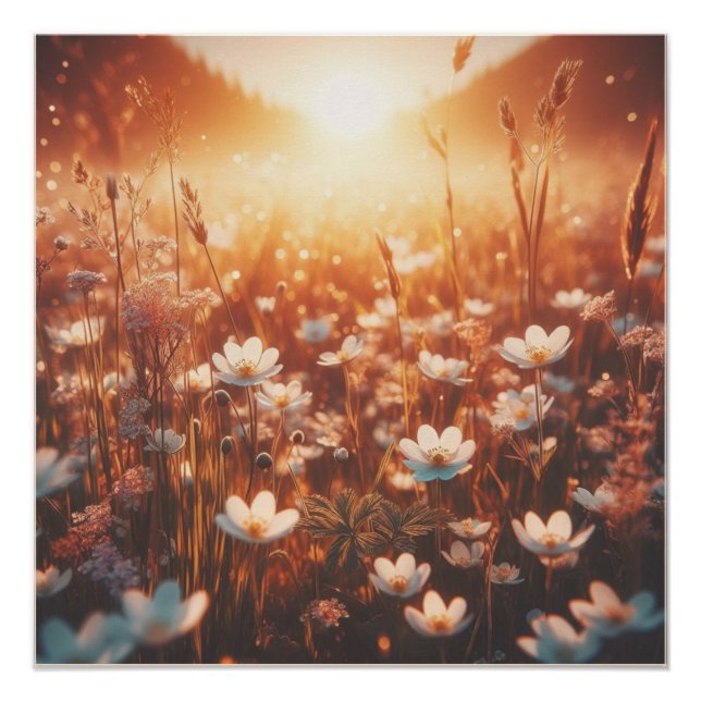 Pôster Beautiful Sunrise Spring Meadow White Wildflowers  (Frente)