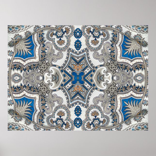 Poster Beautiful white and blue arabesque, islamic patter (Frente)