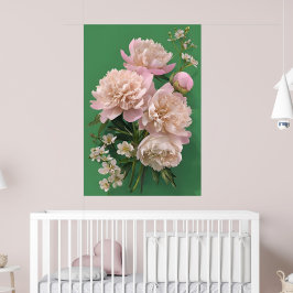 Poster Beautiful White & Pink Peonies On Green Background