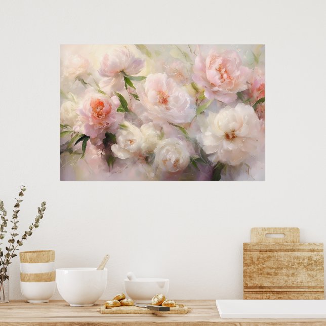 Poster Beautiful White & Pink Peonies Watercolor Painting (Cozinha)