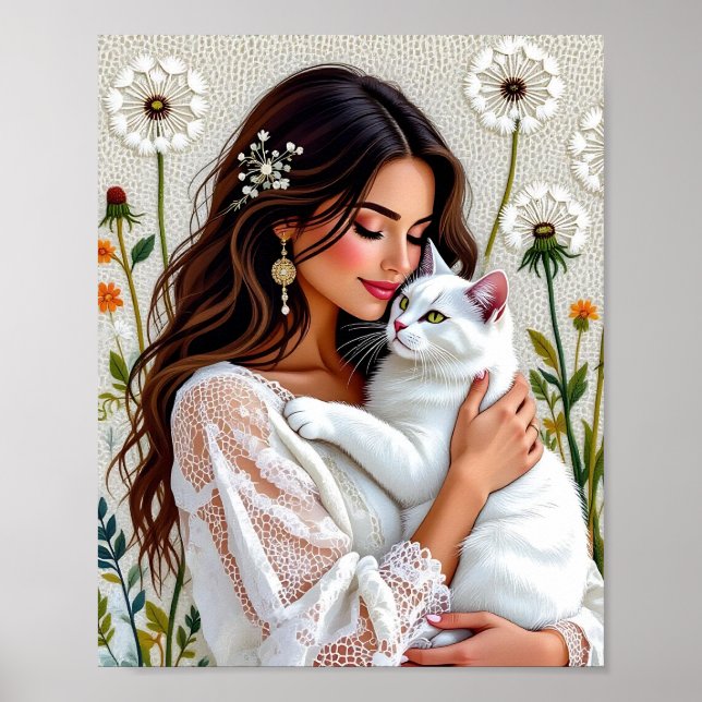 Poster Beautiful Woman, Cat and Dandelions (Frente)