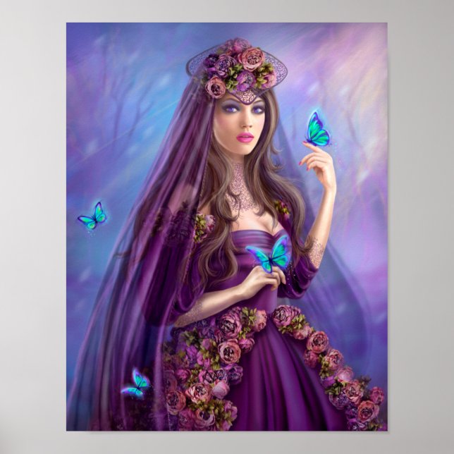 Poster Beautiful woman fairy and blue butterflies. Famtas (Frente)