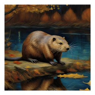Pôster Beaver à noite por Van Gogh AI Gerado