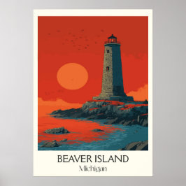 Poster Beaver Island Michigan Vintage Lighthouse Art