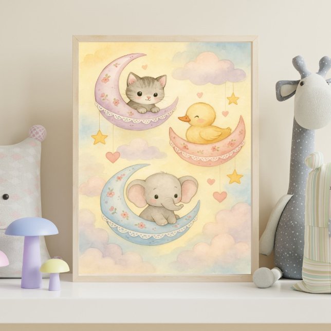 Poster Bebê Animais Bebê Menina Berçário Lua Crescente (Crescent Moon Baby Animals Pastel Colors Nursery Wall Art. Pink, Blue, Yellow and Purple)