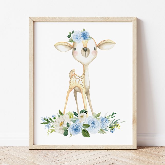 Poster Bebê, Animais Da Floresta, Boho, Flores Azuis (Criador carregado)