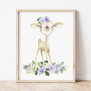 Poster Bebê, Animais Da Floresta, Boho, Flores Roxas