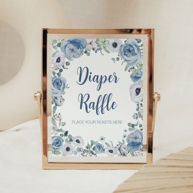 Poster Bebê Azul em Raffle de Fralda de Sangue (Dusty Blue Wildflower Baby Shower Diaper Raffle Sign)